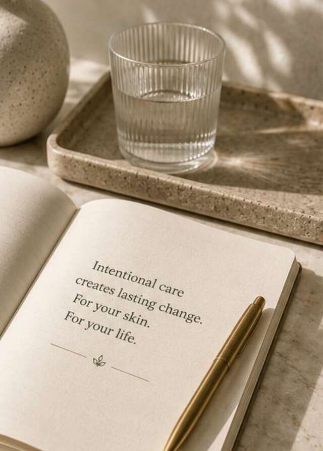Journal, glass of water and botanical stems on a stone tray