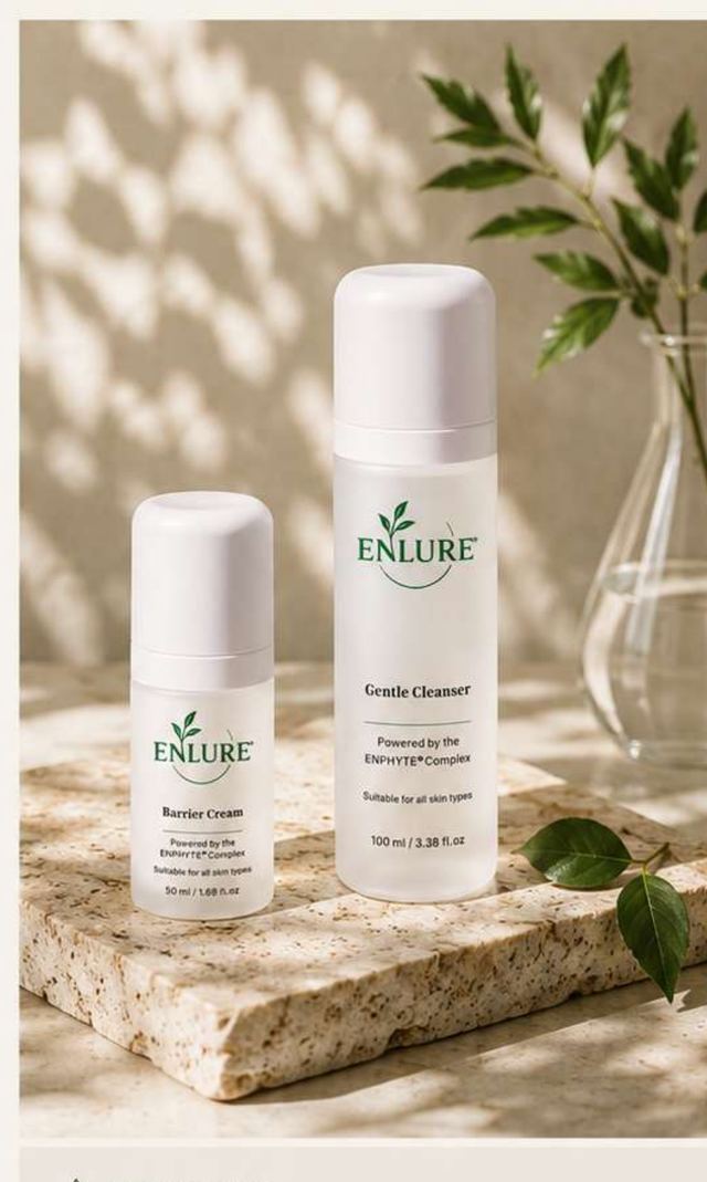 ENLURE Barrier Cream and Gentle Cleanser on a stone tray with botanical stems