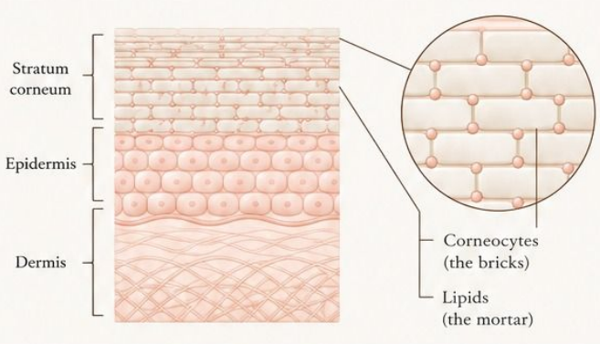 Cross-section of skin: stratum corneum, epidermis and dermis, with corneocytes (the bricks) and lipids (the mortar)