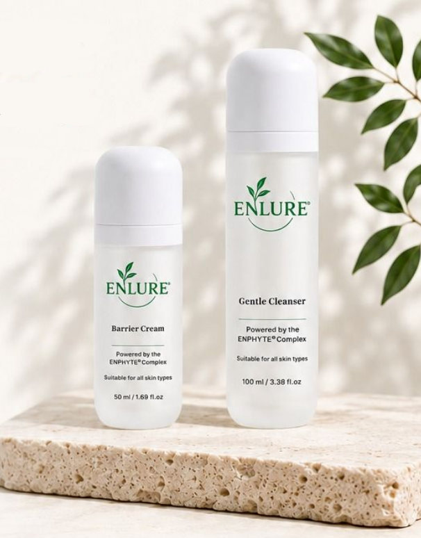 Enlure Barrier Cream and Gentle Cleanser on a travertine stone